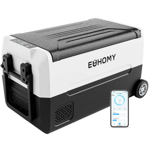 Cooler Automotivo 12 Volts Euhomy, 34–55 Litros, Dupla Zona, Frost Free, Controle por App, Portátil com Rodas