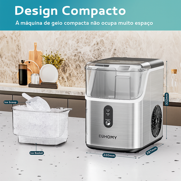 Máquina de Gelo de Bancada EUHOMY Pebble com 15,8 kg/24H – Gelo Macio e Função de Autolimpeza.
