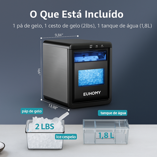 Máquina de Gelo EUHOMY tipo Nugget de Bancada, 20 kg/24h – Fabricadora de Gelo em Pedra (Pebble)